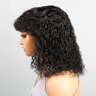 Voluminous Glueless Bob Curly Wave With Bangs Wig 3s Wear Go Human Hair