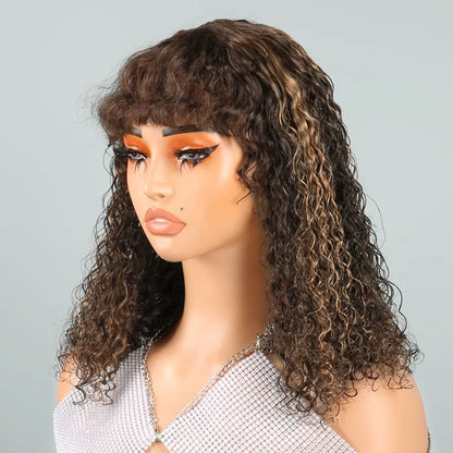 Glueless Highlight Bob Curly Wave Wig With Frizzy Bangs 3s Wear Go Human Hair