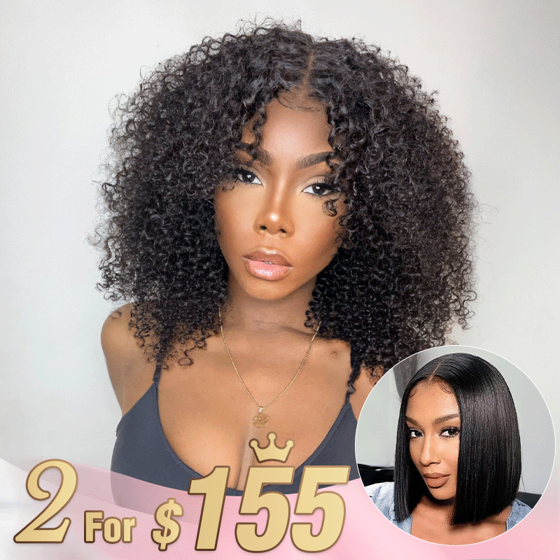 2 𝑭𝑶𝑹 $155🔥Glueless Bob 4×4 Kinky Curly+Blunt Cut Silky Straight 2x6 Lace Wig
