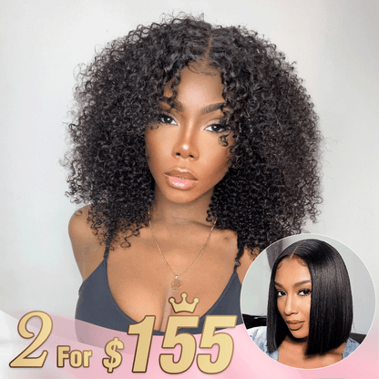 2 𝑭𝑶𝑹 $155🔥Glueless Bob 4×4 Kinky Curly+Blunt Cut Silky Straight 2x6 Lace Wig