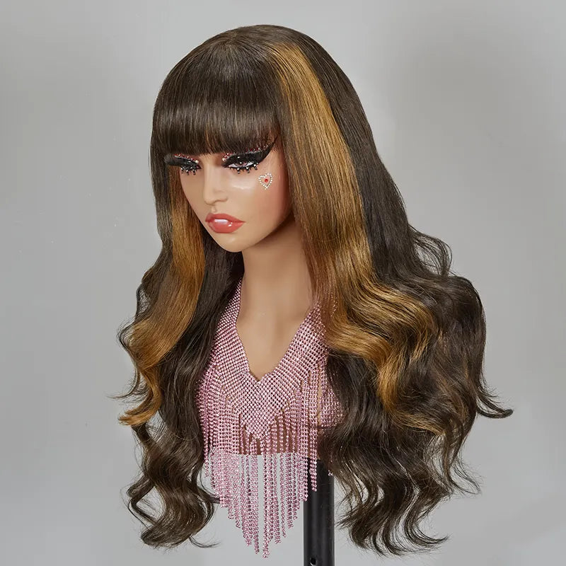 Glueless Brown Highlight Color Wig With Bangs Body Wave Frontal Wig