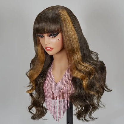 Glueless Brown Highlight Color Wig With Bangs Body Wave Frontal Wig