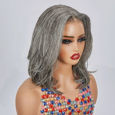 13x4 Glueless Layered Short Bob Salt & Pepper Color Wig Wavy