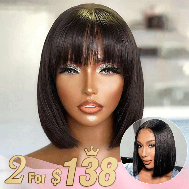 2 𝑭𝑶𝑹 $109🔥8&quot;Straight With Bangs Bob+8&quot;Silky Straight 2x6 Lace/Black Bouncy Curls/Afro Curl/Brown Bouncy Curls Wig