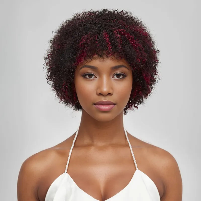 Glueless Afro Red Highlight Kinky Curly Short Bob Pixie Wig