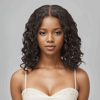 black woman wear 9x6 Trendy Short Cut Bob Glueless Water Wave Wig