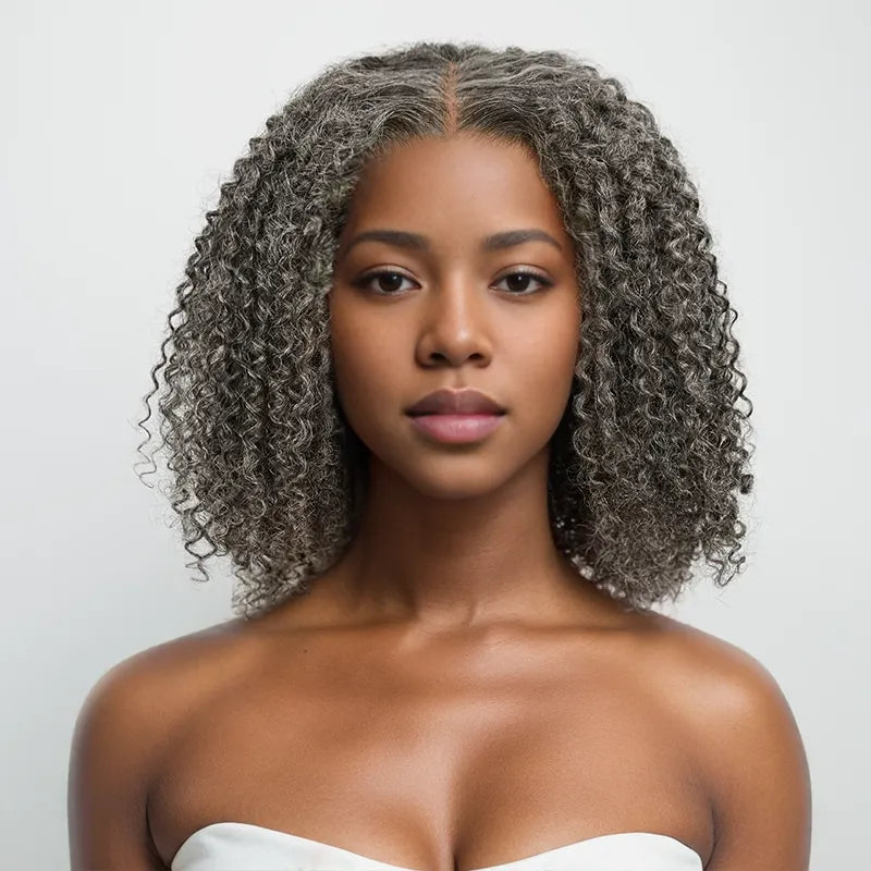 13x4 Glueless Elegant Kinky Curly Salt &amp; Pepper Color Bob Wig