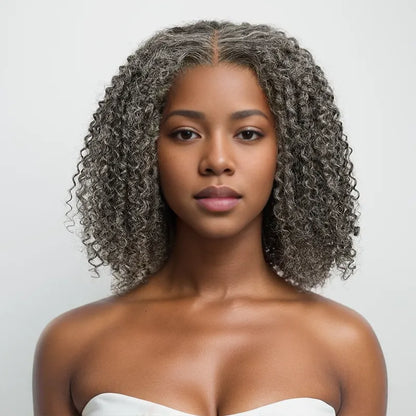 13x4 Glueless Elegant Kinky Curly Salt &amp; Pepper Color Bob Wig