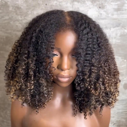 4x4 Glueless Brown Ombré 4C Edges Bob Wig with 250% Density Curly Hair