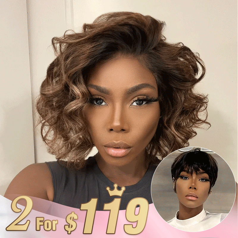 2 𝑭𝑶𝑹 $119🔥10" Glueless Pre-plucked Highlight Curly Wig + Pixie Bob Wig