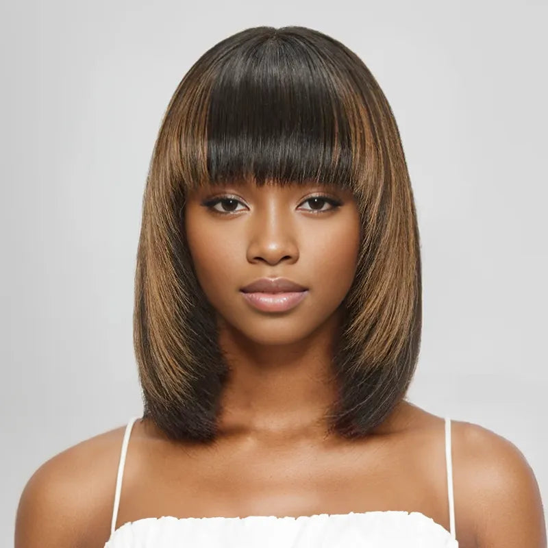 Glueless Layered Highlight Color Straight Bob Wig With Bangs