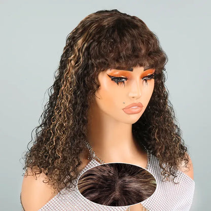 Glueless Highlight Bob Curly Wave Wig With Frizzy Bangs 3s Wear Go Human Hair