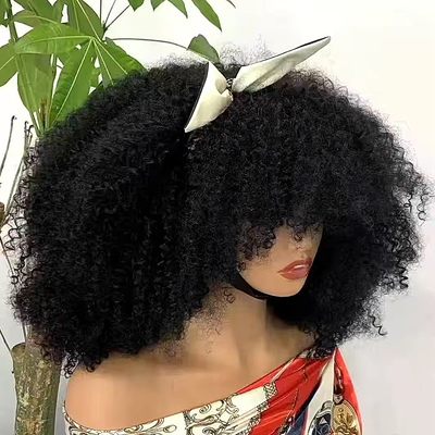 Glueless Brazilian Style Afro Kinky Curly Bob Wig With Bangs 350% Density