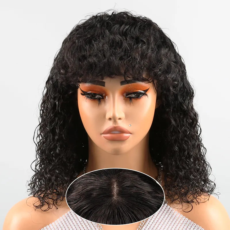 Voluminous Glueless Bob Curly Wave With Bangs Wig 3s Wear Go Human Hair