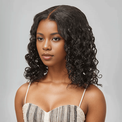 black woman wear 9x6 Trendy Short Cut Bob Glueless Water Wave Wig