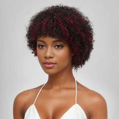 Glueless Afro Red Highlight Kinky Curly Short Bob Pixie Wig
