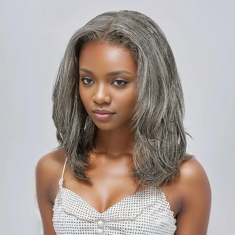 13x4 Glueless Layered Short Bob Salt & Pepper Color Wig Wavy