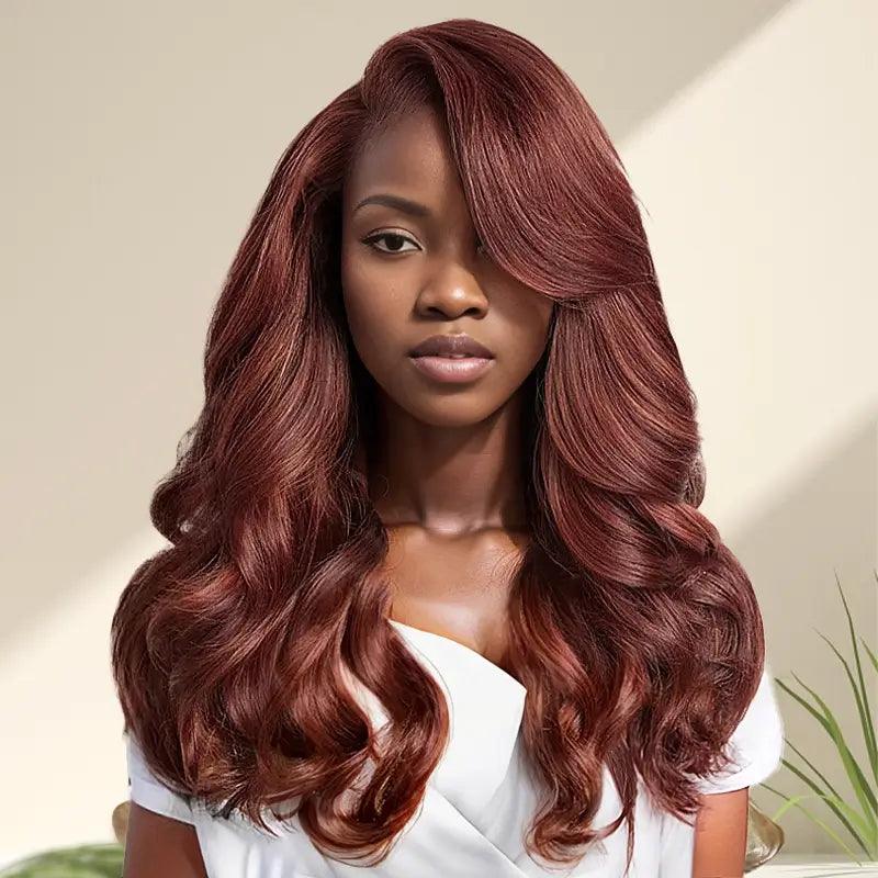 7x5 13x4 C Part Glueless Reddish Brown Body Wave Human Hair Frontal Wig - SHINE HAIR WIG