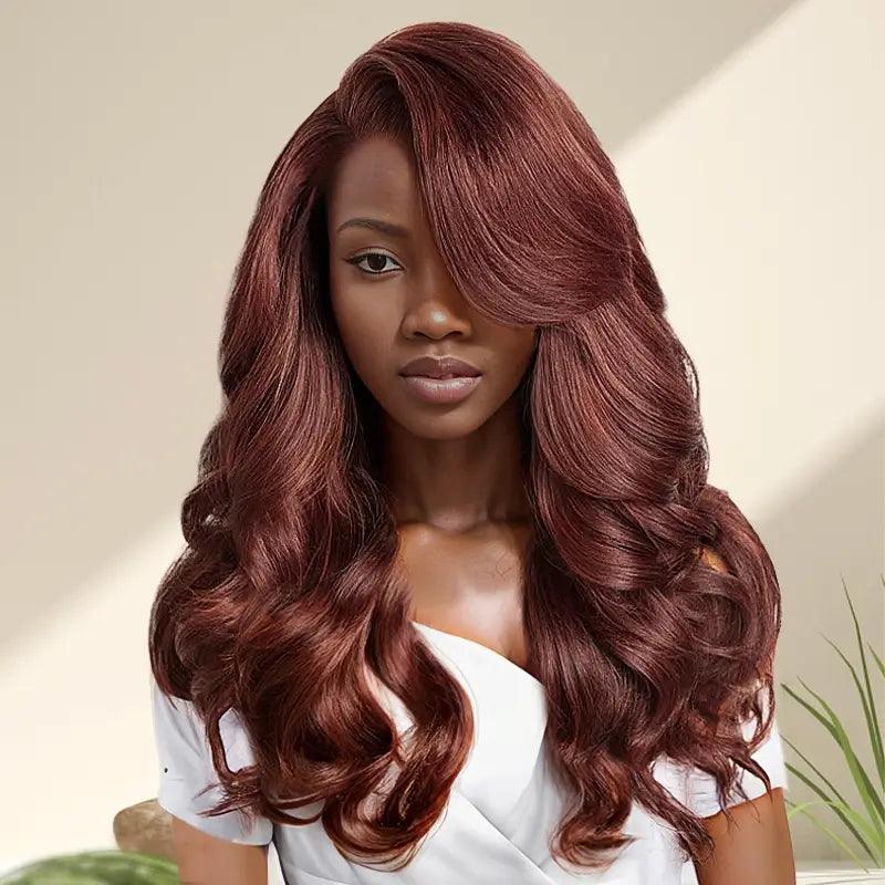 7x5 13x4 C Part Glueless Reddish Brown Body Wave Human Hair Frontal Wig - SHINE HAIR WIG