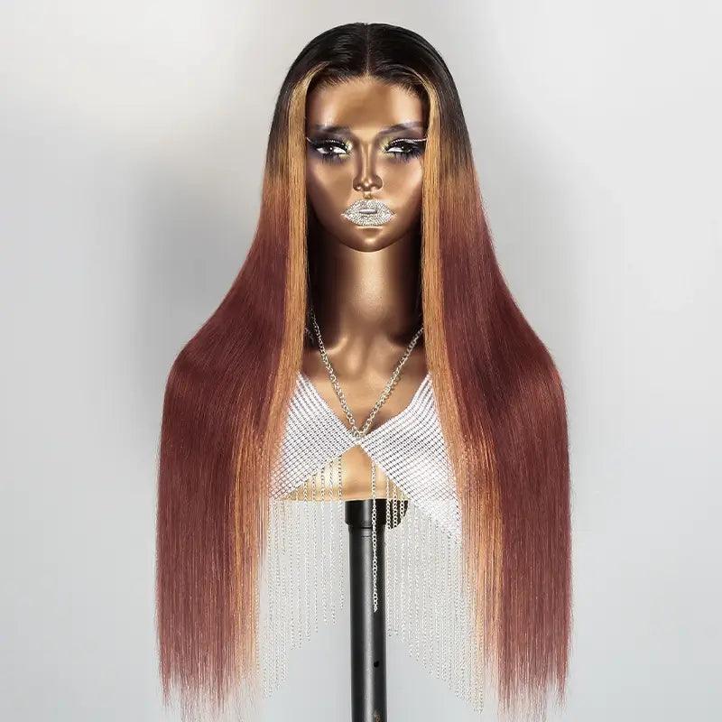7x5 13x4 Glueless Gradient Reddish Brown Straight Human Hair Frontal Wig - SHINE HAIR WIG