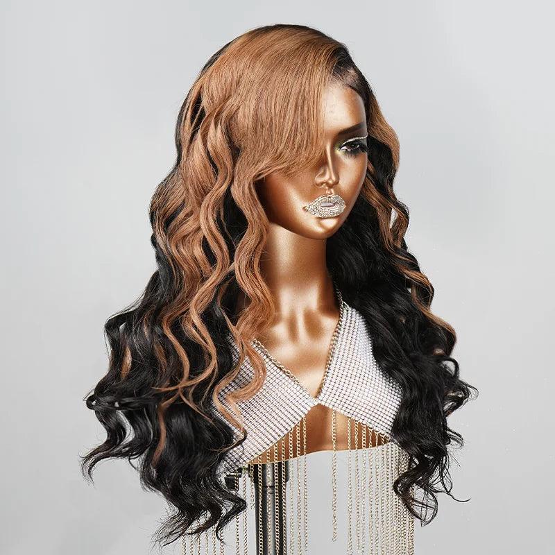 7x5 13x4 Layered C Part Glueless Brown Mix Black Body Wave Wig Human Hair - SHINE HAIR WIG