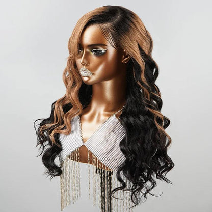 7x5 13x4 Layered C Part Glueless Brown Mix Black Body Wave Wig Human Hair - SHINE HAIR WIG