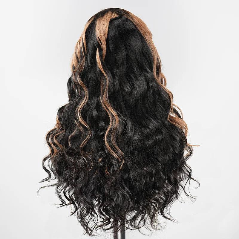 7x5 13x4 Layered C Part Glueless Brown Mix Black Body Wave Wig Human Hair - SHINE HAIR WIG