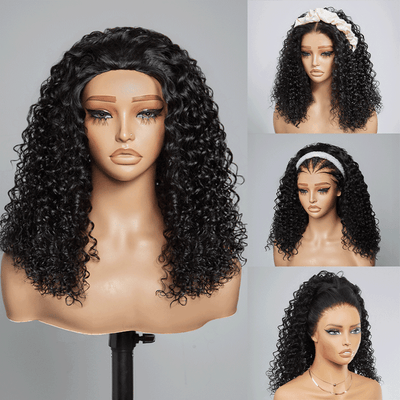 4 In 1 Half Wig Deep Curly/Yaki Straight Flexi-Fit Drawstring 250% Density