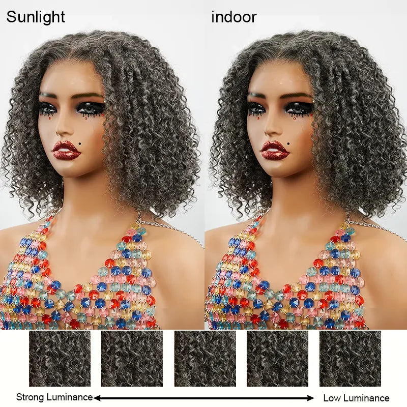 13x4 Glueless Elegant Kinky Curly Salt & Pepper Color Bob Wig