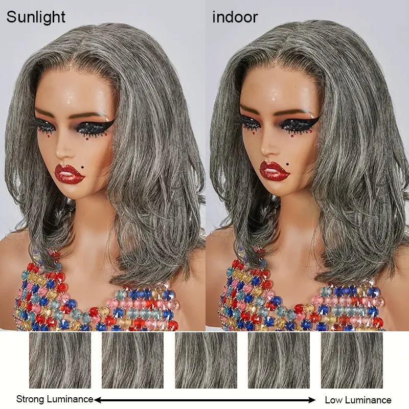 13x4 Glueless Layered Short Bob Salt &amp; Pepper Color Wig Wavy