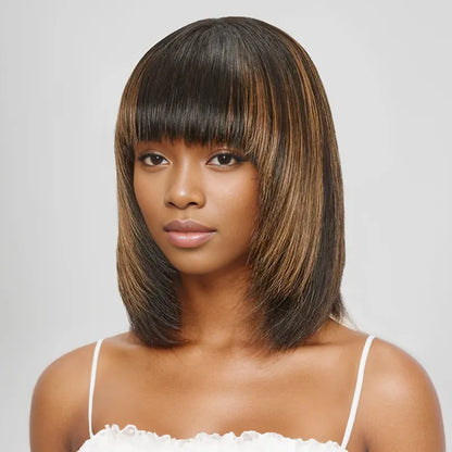 Glueless Layered Highlight Color Straight Bob Wig With Bangs