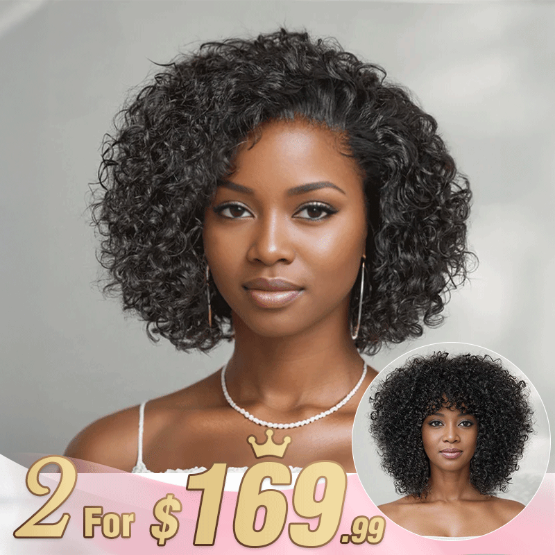 2 𝑭𝑶𝑹 $169🔥8&quot;Glueless Short Curly Bob+10&quot;3x1 Lace Curly With Bangs Bob Wig