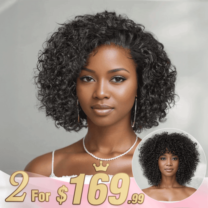2 𝑭𝑶𝑹 $169🔥8&quot;Glueless Short Curly Bob+10&quot;3x1 Lace Curly With Bangs Bob Wig