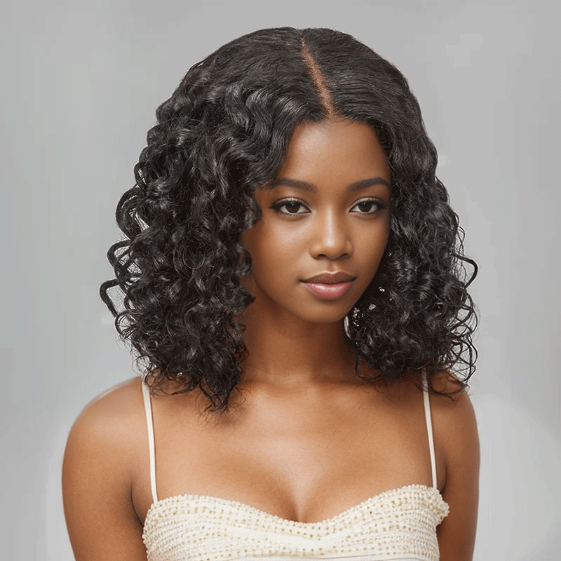 black woman wear 9x6 Trendy Short Cut Bob Glueless Water Wave Wig