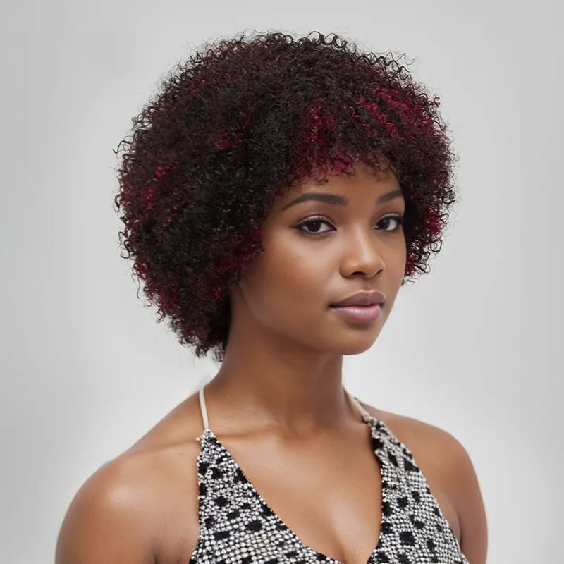 Glueless Afro Red Highlight Kinky Curly Short Bob Pixie Wig