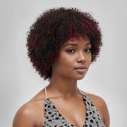 Glueless Afro Red Highlight Kinky Curly Short Bob Pixie Wig