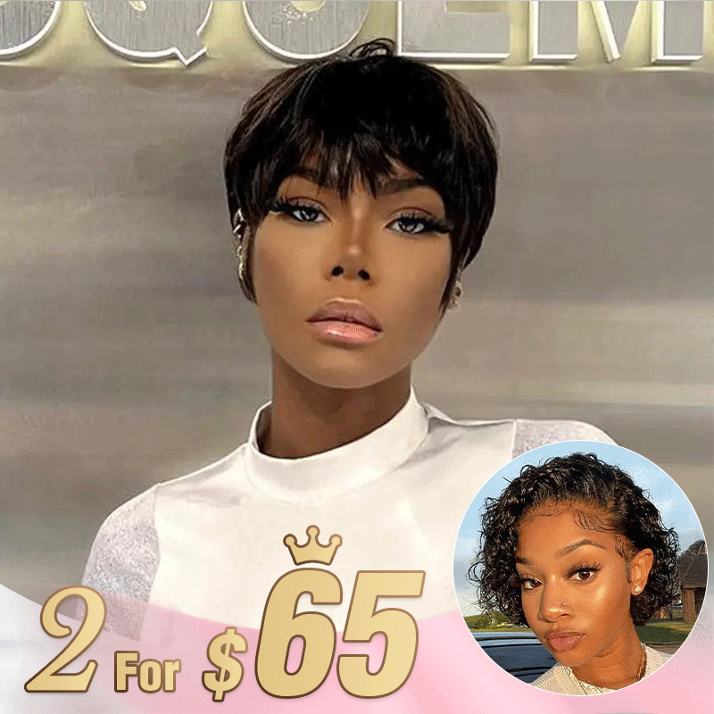 2 𝑭𝑶𝑹 $65🔥Glueless Pixie Wig Short Natural Wig+Curly 3 Colors 13x1 Lace 100% Human Hair