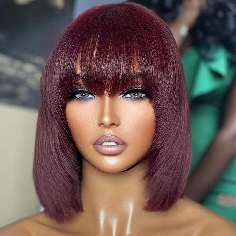 99J/Burgundy Color Glueless Wig Wear Go Brazilian Straight Bob Human Hair Wig With Bangs - SHINE HAIR WIG