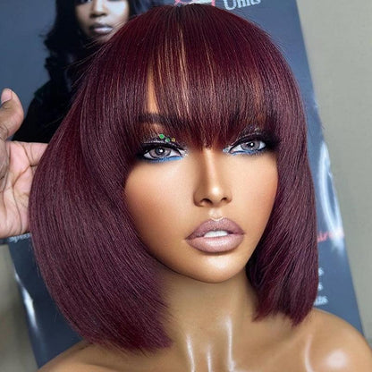 99J/Burgundy Color Glueless Wig Wear Go Brazilian Straight Bob Human Hair Wig With Bangs - SHINE HAIR WIG