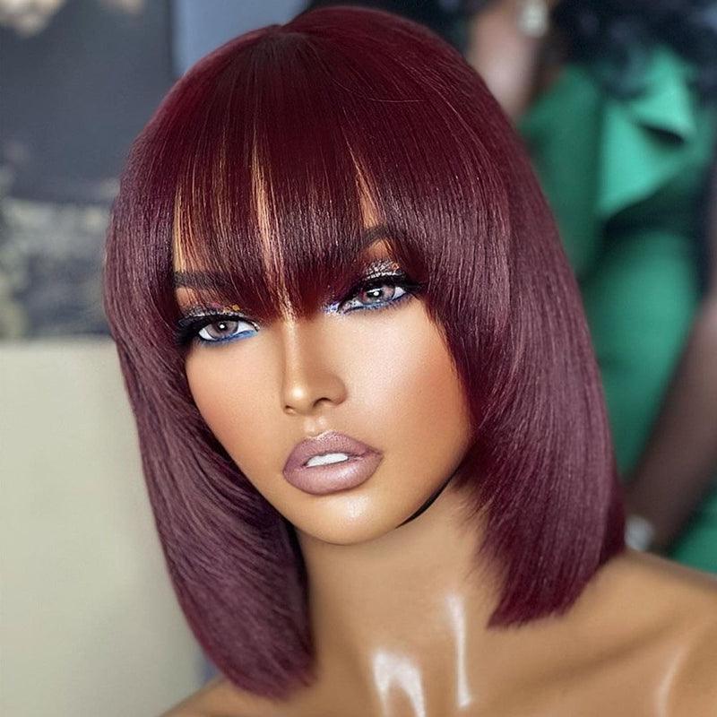 99J/Burgundy Color Glueless Wig Wear Go Brazilian Straight Bob Human Hair Wig With Bangs - SHINE HAIR WIG