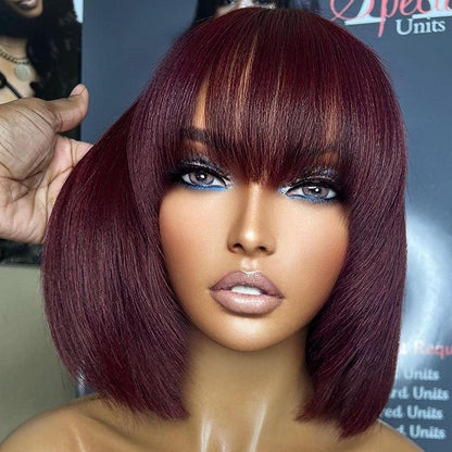 99J/Burgundy Color Glueless Wig Wear Go Brazilian Straight Bob Human Hair Wig With Bangs - SHINE HAIR WIG