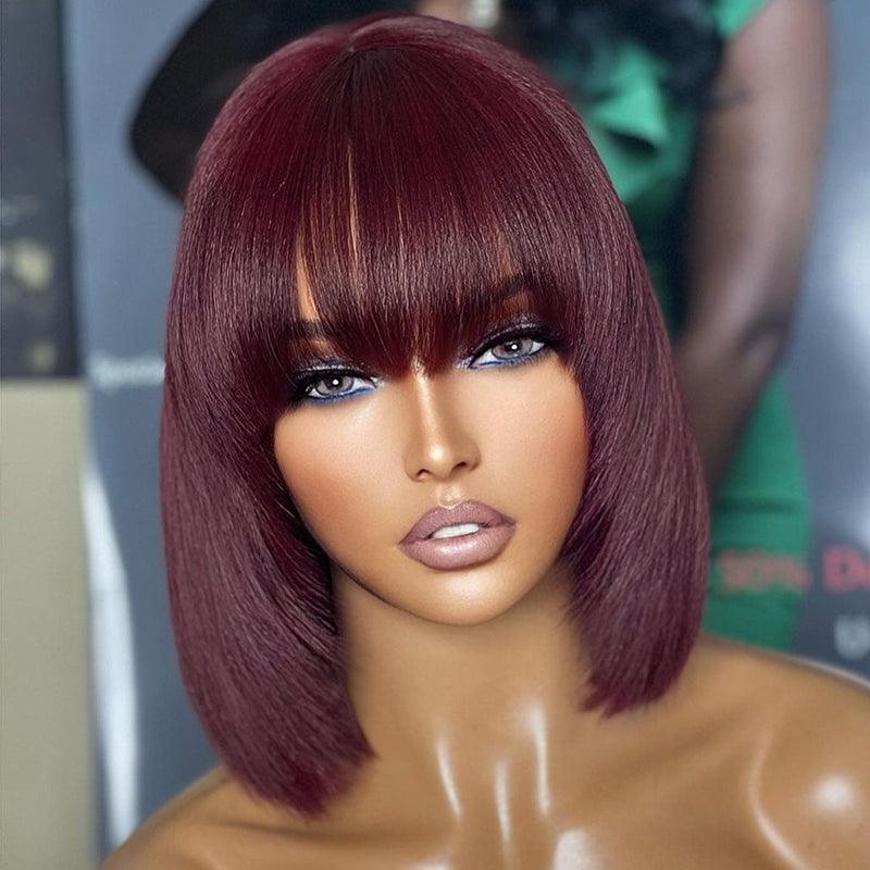 99J/Burgundy Color Glueless Wig Wear Go Brazilian Straight Bob Human Hair Wig With Bangs - SHINE HAIR WIG