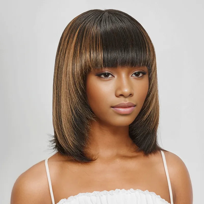 Glueless Layered Highlight Color Straight Bob Wig With Bangs