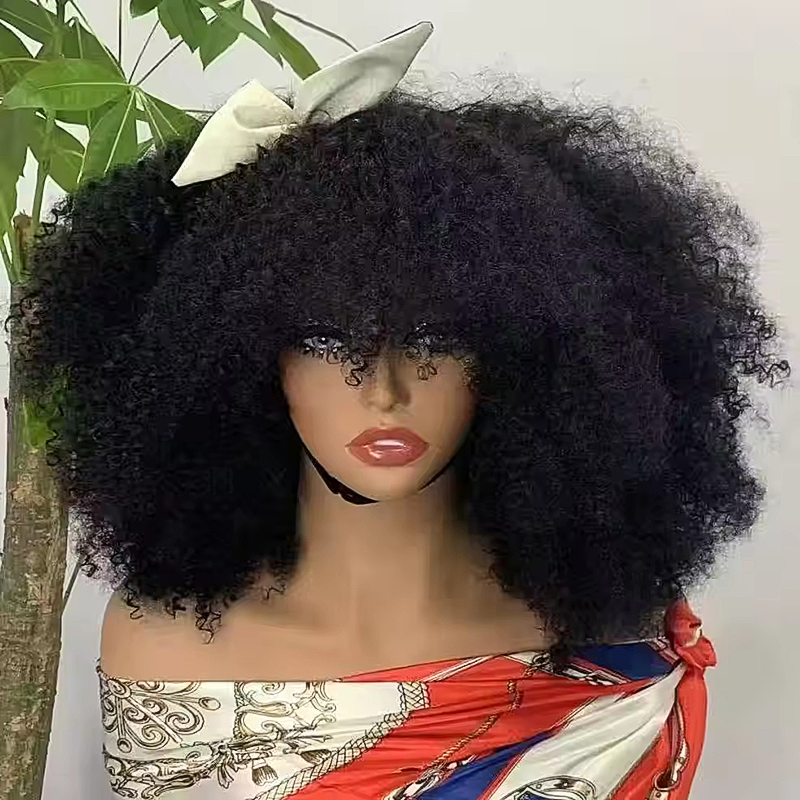 Glueless Brazilian Style Afro Kinky Curly Bob Wig With Bangs 350% Density