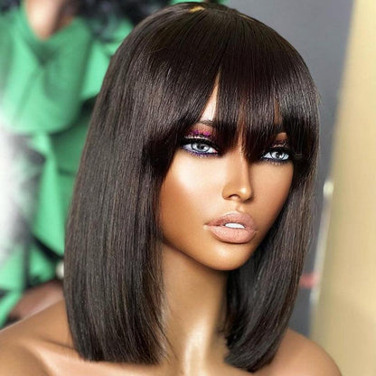 Glueless Wig Wear Go Brazilian Straight Bob Human Hair Wig With Bangs - SHINE HAIR WIG