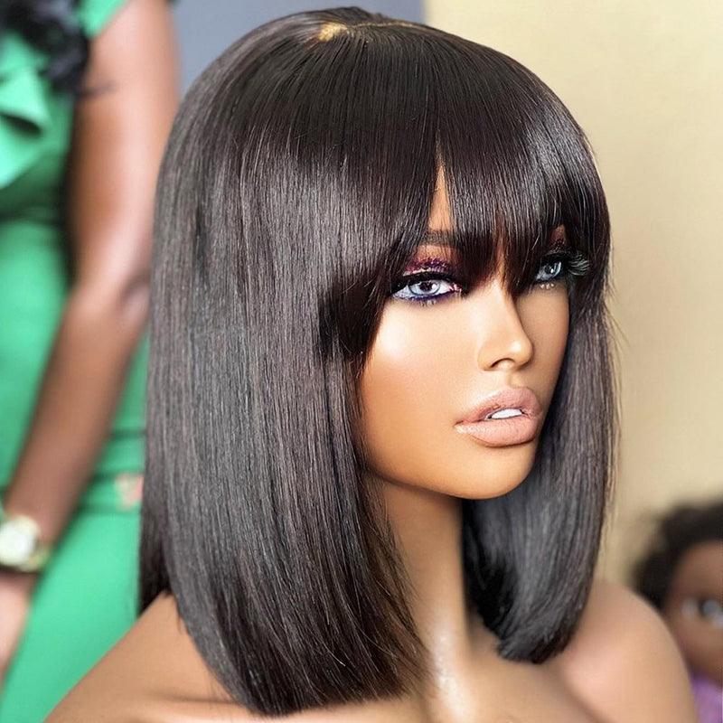 Glueless Wig Wear Go Brazilian Straight Bob Human Hair Wig With Bangs - SHINE HAIR WIG