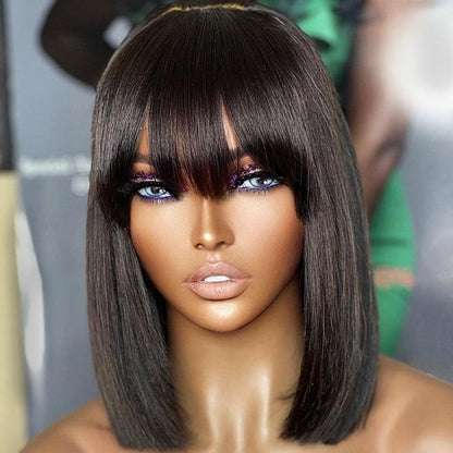 Glueless Wig Wear Go Brazilian Straight Bob Human Hair Wig With Bangs - SHINE HAIR WIG