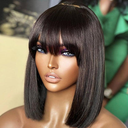 Glueless Wig Wear Go Brazilian Straight Bob Human Hair Wig With Bangs - SHINE HAIR WIG