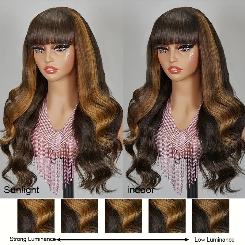 Glueless Brown Highlight Color Wig With Bangs Body Wave Frontal Wig