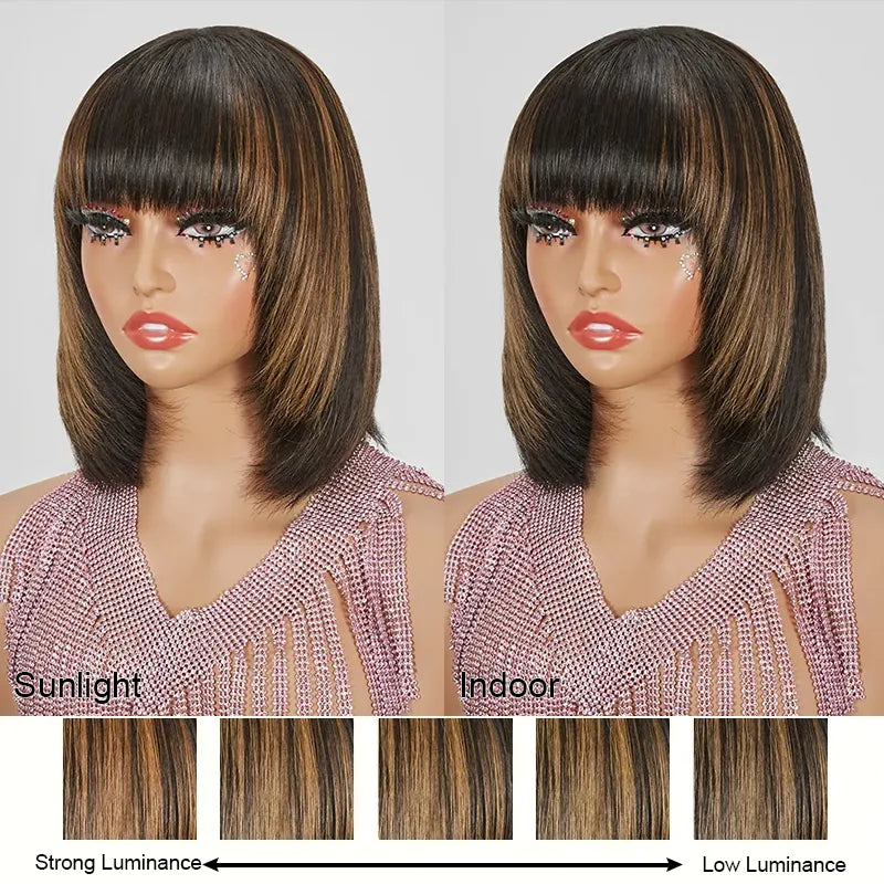 Glueless Layered Highlight Color Straight Bob Wig With Bangs